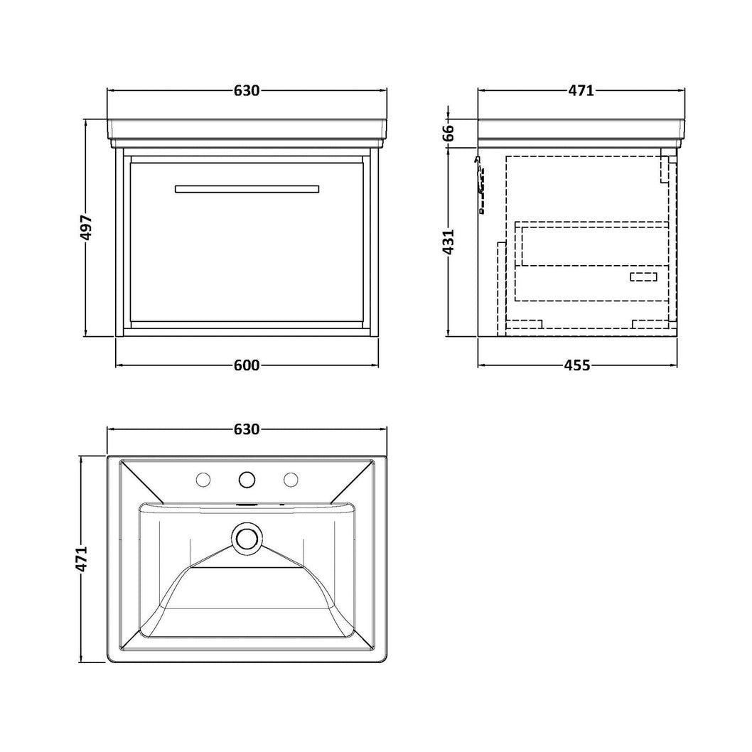 Hudson Reed Lille 600mm Wall Hung Single Drawer Vanity With Basin - 3 Tap Hole Contemp Bleached Oak Fireclay,MFC Textured Woodgrain 497x630x471mm - JJ Building Materials
