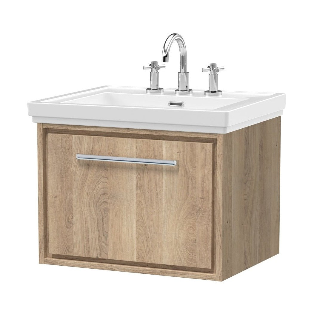 Hudson Reed Lille 600mm Wall Hung Single Drawer Vanity With Basin - 3 Tap Hole Contemp Bleached Oak Fireclay,MFC Textured Woodgrain 497x630x471mm - JJ Building Materials