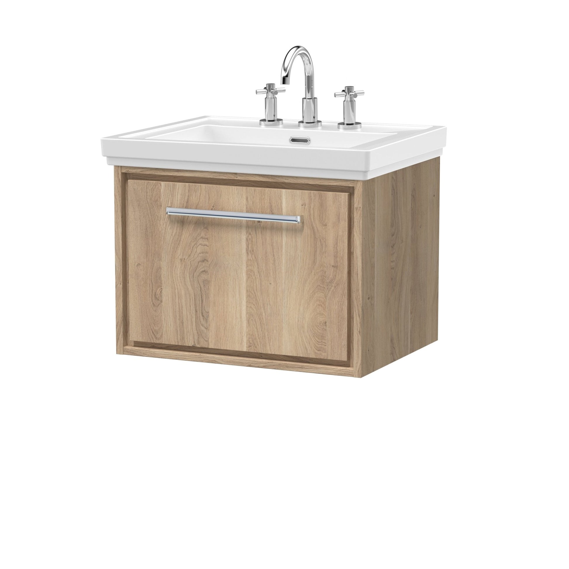 Hudson Reed Lille 600mm Wall Hung Single Drawer Vanity With Basin - 3 Tap Hole Contemp Bleached Oak Fireclay,MFC Textured Woodgrain 497x630x471mm - JJ Building Materials