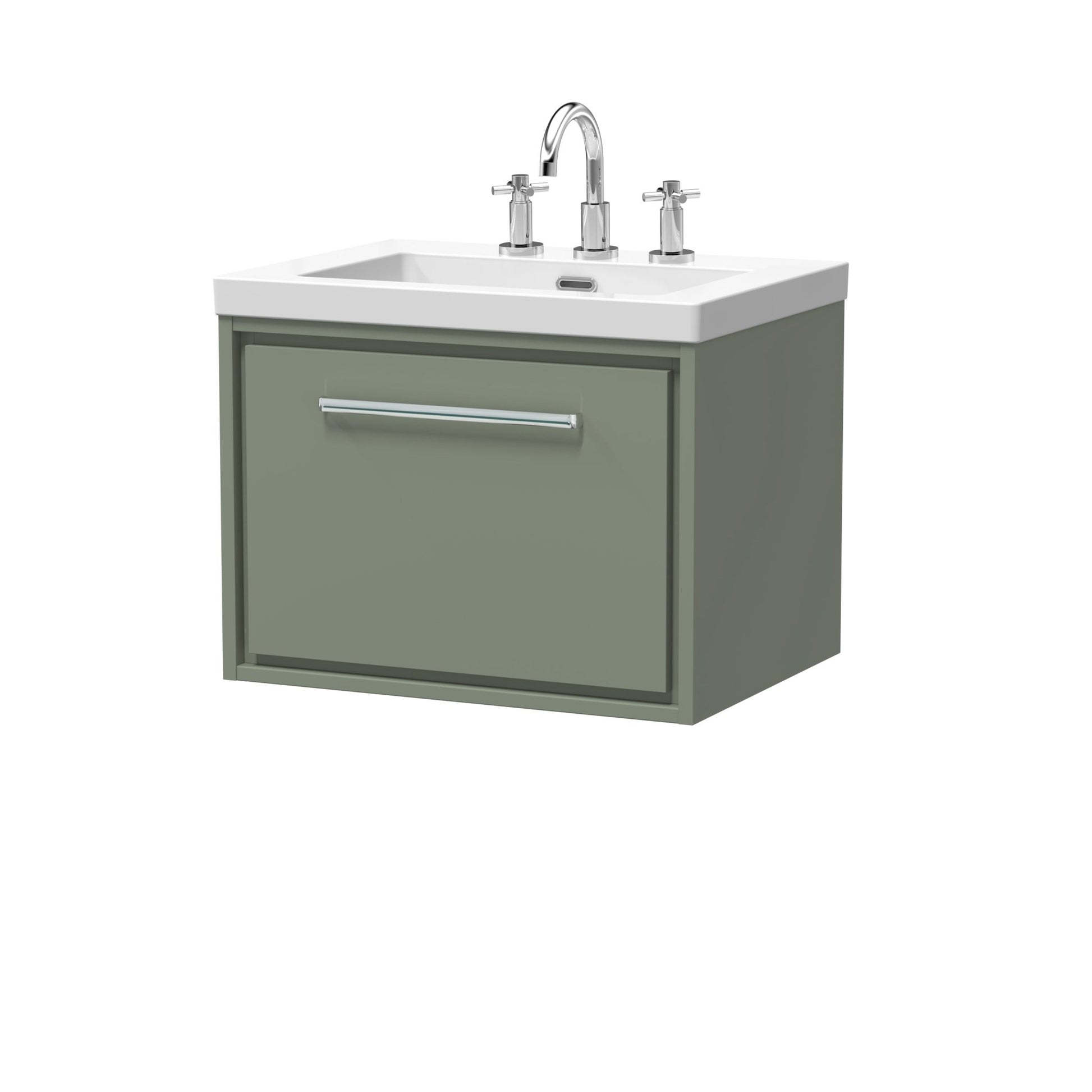 Hudson Reed Lille 600mm Wall Hung Single Drawer Vanity With Basin - 3 Tap Hole Contemp Fern Green Fireclay,MFC Smooth Matt 476x613x462mm - JJ Building Materials