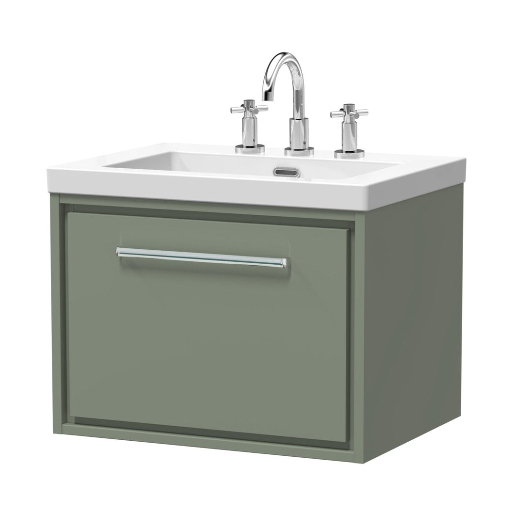 Hudson Reed Lille 600mm Wall Hung Single Drawer Vanity With Basin - 3 Tap Hole Contemp Fern Green Fireclay,MFC Smooth Matt 476x613x462mm - JJ Building Materials