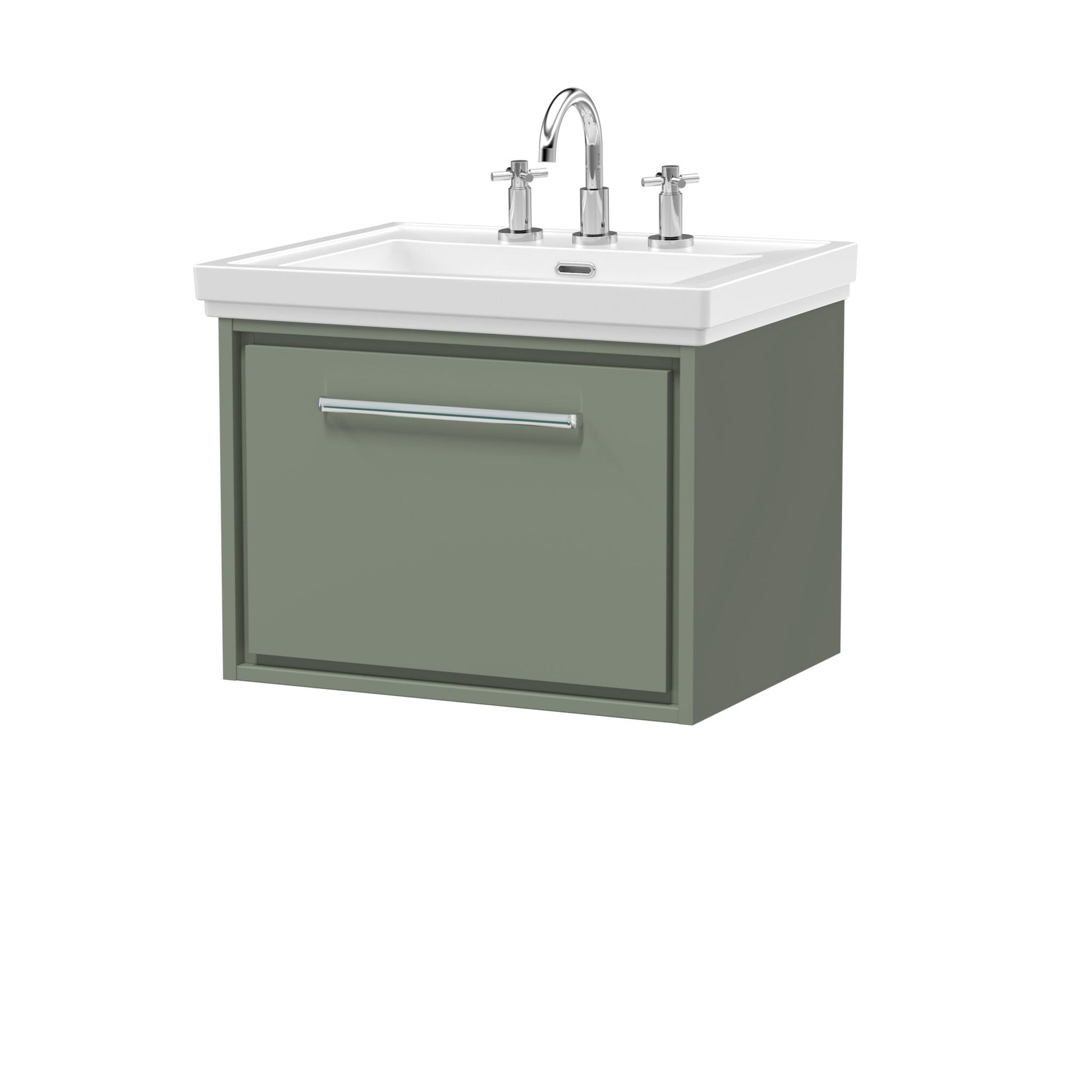 Hudson Reed Lille 600mm Wall Hung Single Drawer Vanity With Basin - 3 Tap Hole Contemp Fern Green Fireclay,MFC Smooth Matt 497x630x471mm - JJ Building Materials