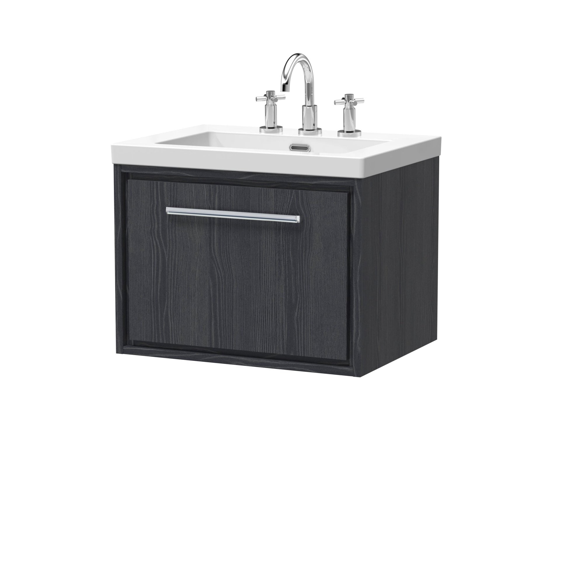 Hudson Reed Lille 600mm Wall Hung Single Drawer Vanity With Basin - 3 Tap Hole Contemp Graphite Grey Woodgrain Fireclay,MFC Textured Woodgrain 476x613x462mm - JJ Building Materials