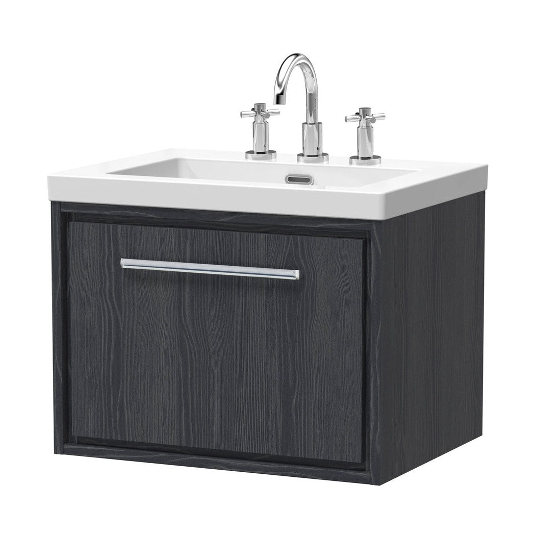 Hudson Reed Lille 600mm Wall Hung Single Drawer Vanity With Basin - 3 Tap Hole Contemp Graphite Grey Woodgrain Fireclay,MFC Textured Woodgrain 476x613x462mm - JJ Building Materials