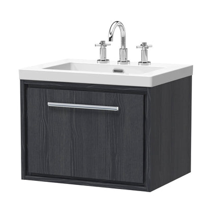 Hudson Reed Lille 600mm Wall Hung Single Drawer Vanity With Basin - 3 Tap Hole Contemp Graphite Grey Woodgrain Fireclay,MFC Textured Woodgrain 476x613x462mm - JJ Building Materials