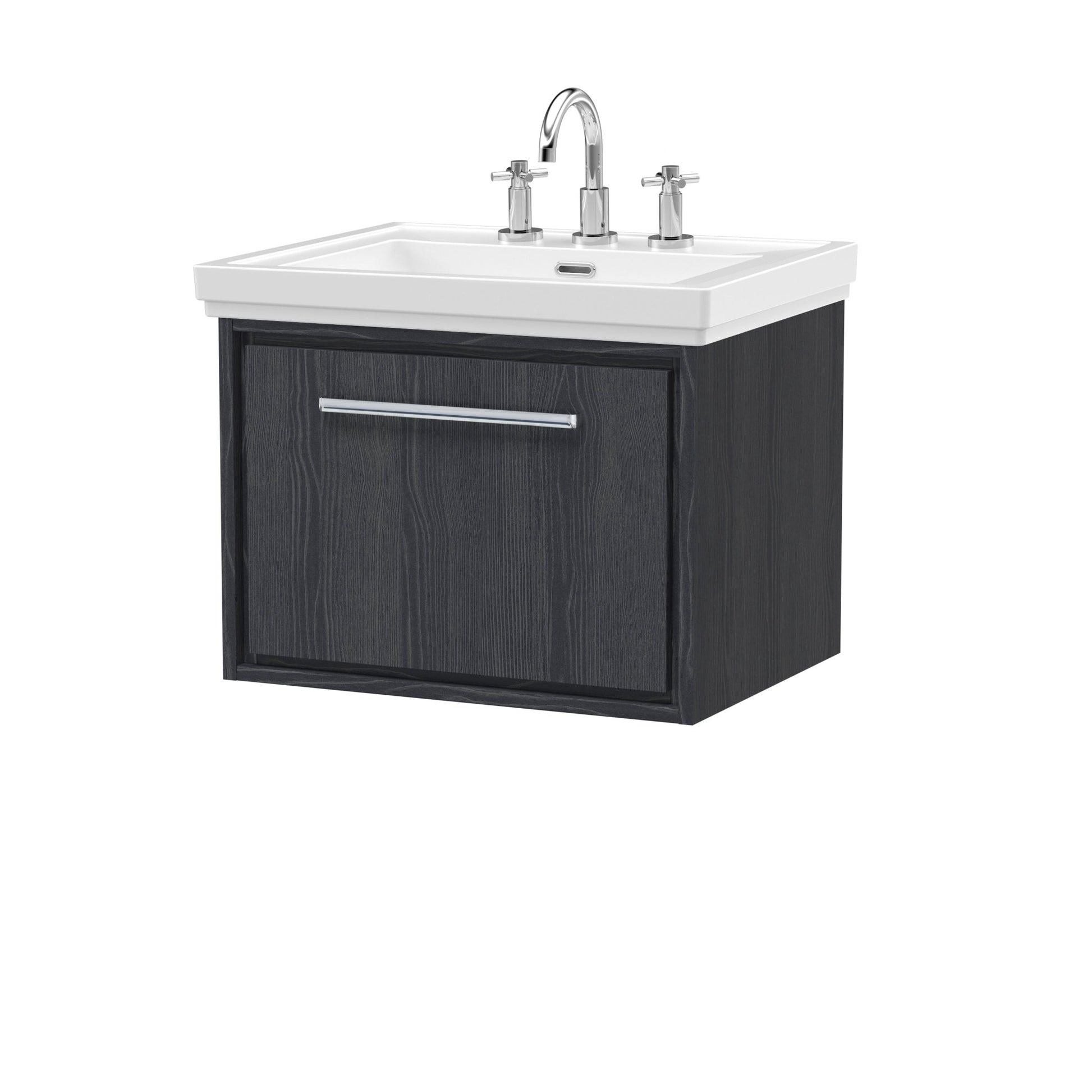 Hudson Reed Lille 600mm Wall Hung Single Drawer Vanity With Basin - 3 Tap Hole Contemp Graphite Grey Woodgrain Fireclay,MFC Textured Woodgrain 497x630x471mm - JJ Building Materials