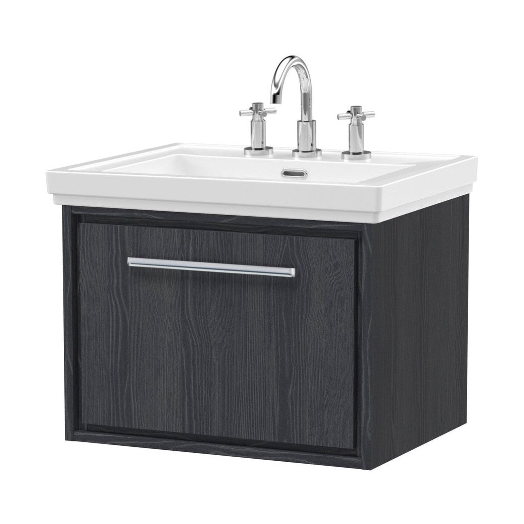 Hudson Reed Lille 600mm Wall Hung Single Drawer Vanity With Basin - 3 Tap Hole Contemp Graphite Grey Woodgrain Fireclay,MFC Textured Woodgrain 497x630x471mm - JJ Building Materials
