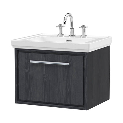 Hudson Reed Lille 600mm Wall Hung Single Drawer Vanity With Basin - 3 Tap Hole Contemp Graphite Grey Woodgrain Fireclay,MFC Textured Woodgrain 497x630x471mm - JJ Building Materials