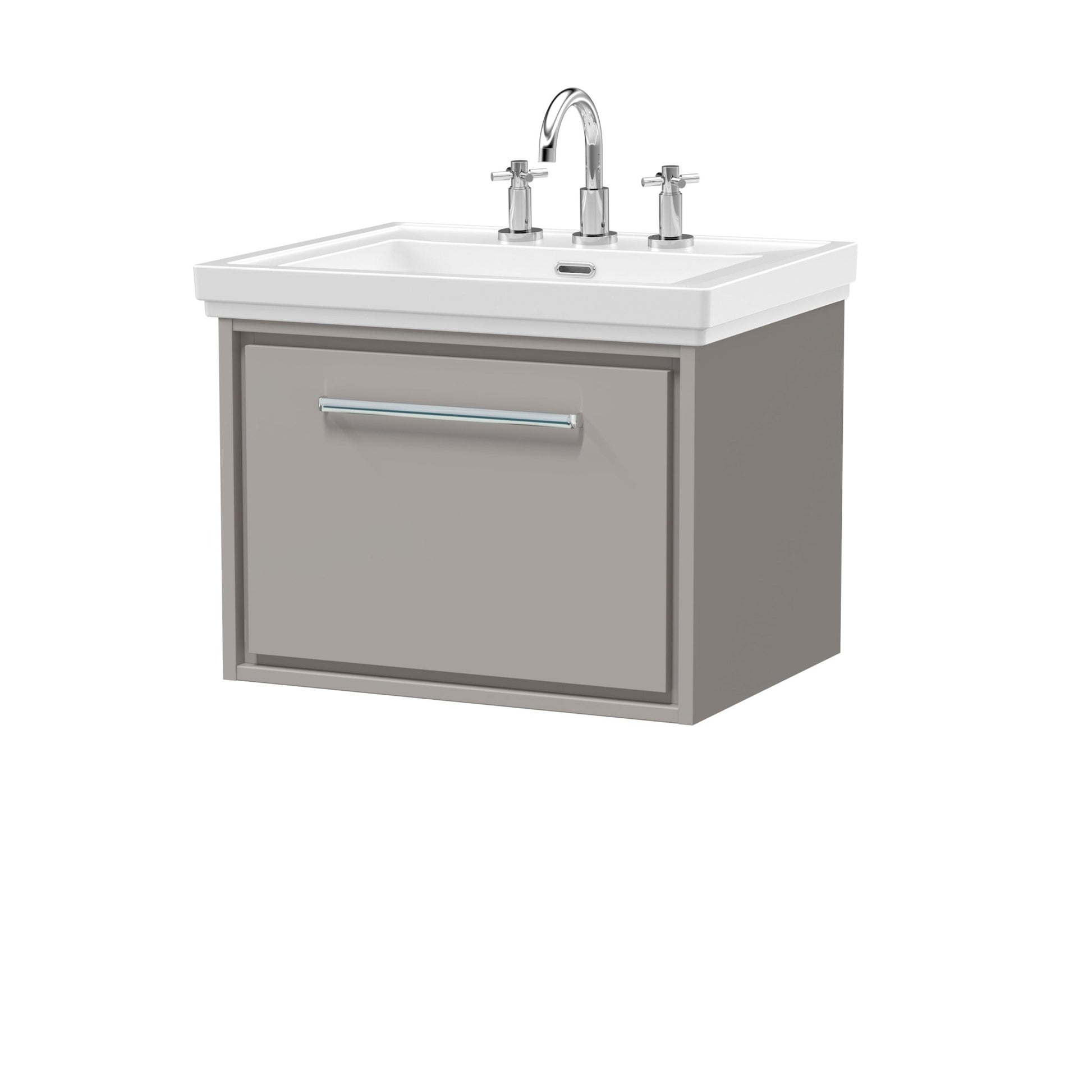 Hudson Reed Lille 600mm Wall Hung Single Drawer Vanity With Basin - 3 Tap Hole Contemp Pebble Grey Fireclay,MFC Smooth Matt 497x630x471mm - JJ Building Materials