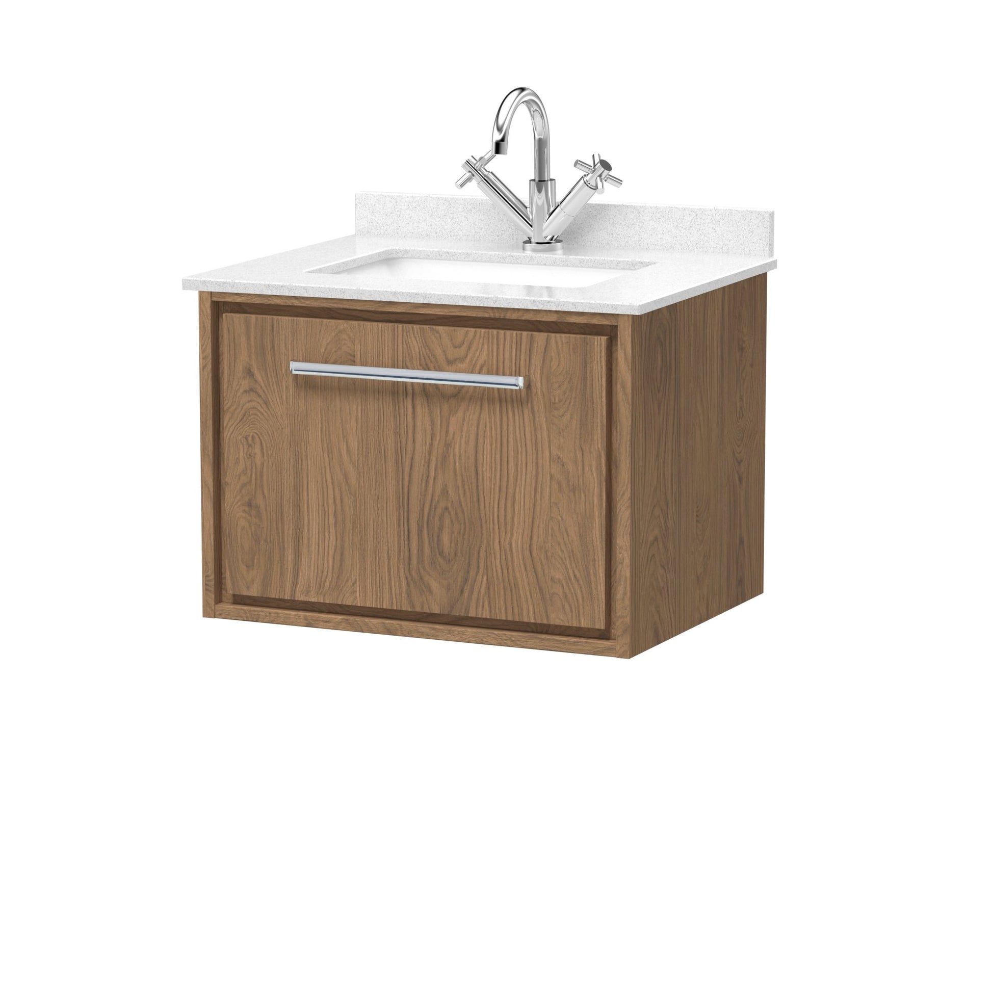 Hudson Reed Lille 600mm Wall Hung Single Drawer Vanity With Marble Worktop Basin Contemp Antique Oak MFC Textured Woodgrain,vitreous China 509x620x470mm - JJ Building Materials