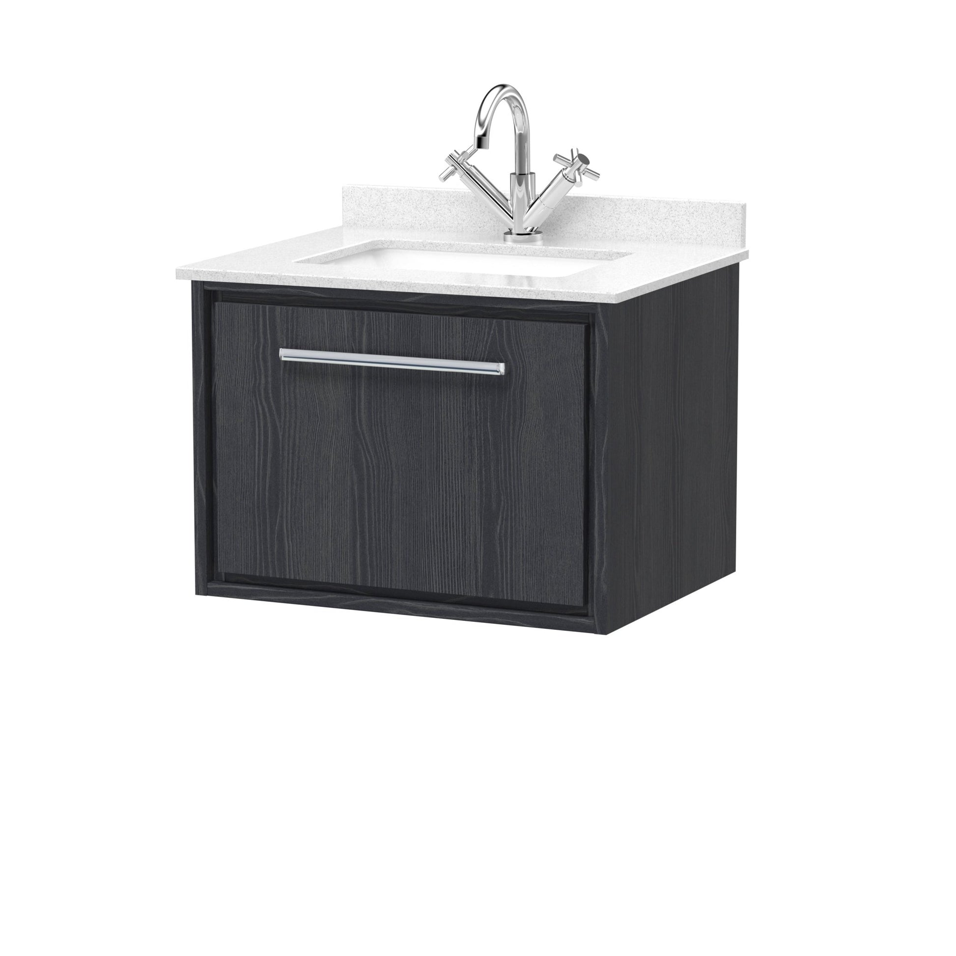 Hudson Reed Lille 600mm Wall Hung Single Drawer Vanity With Marble Worktop Basin Contemp Graphite Grey Woodgrain MFC Textured Woodgrain,vitreous China 509x620x470mm - JJ Building Materials
