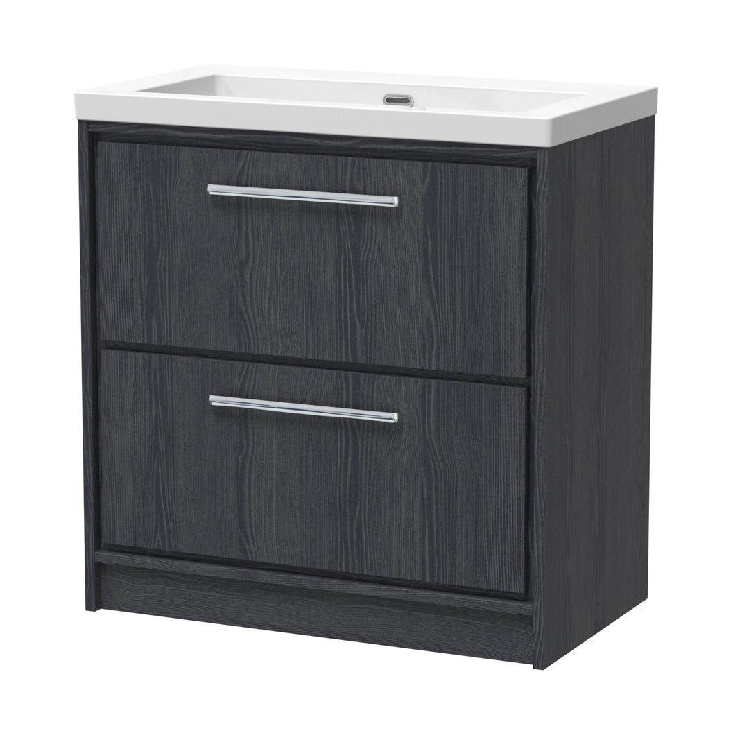 Hudson Reed Lille 800mm Floor Standing 2-drawer Vanity With Basin - 0 Tap Hole Contemp Graphite Grey Woodgrain Fireclay,MFC Textured Woodgrain 845x813x462mm - JJ Building Materials