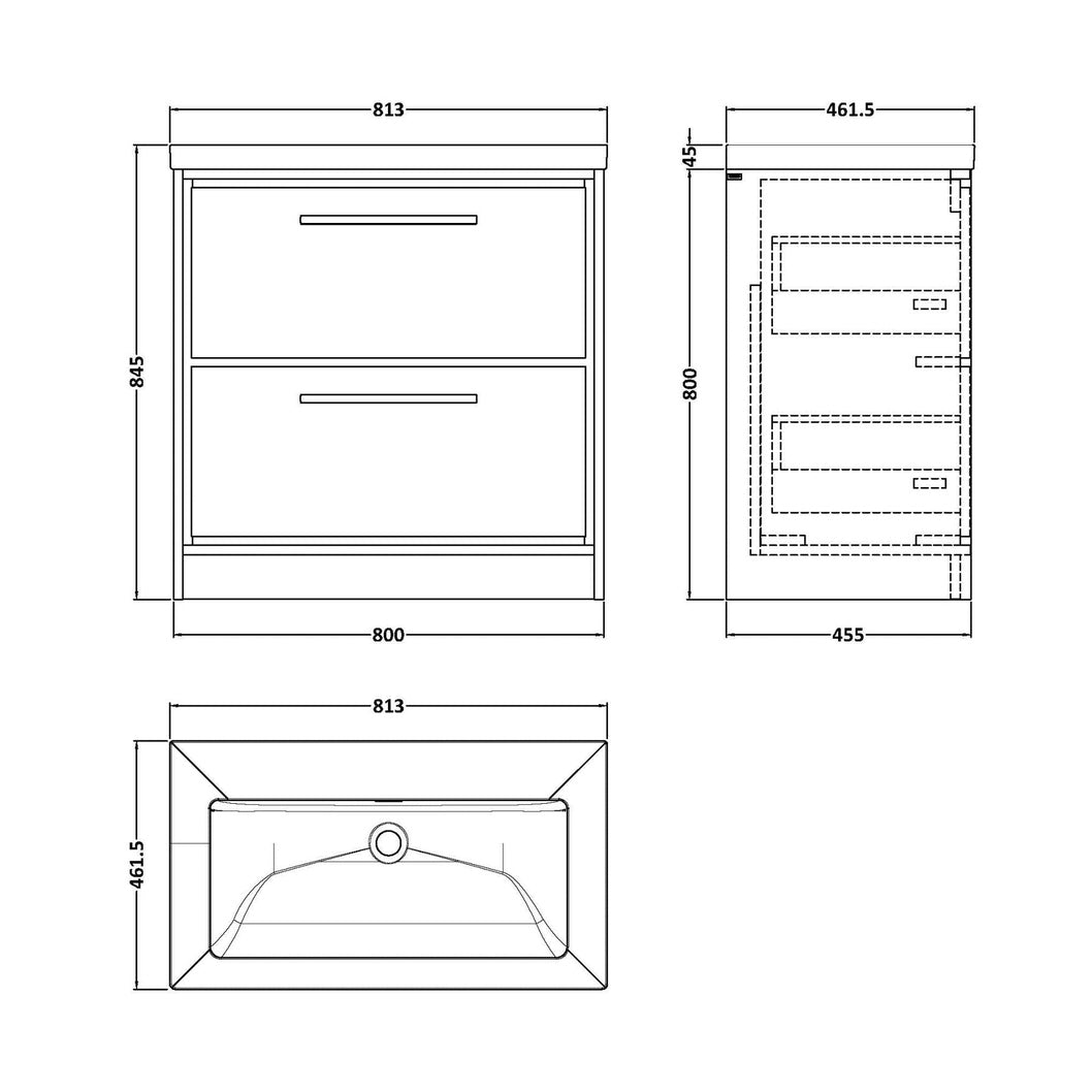 Hudson Reed Lille 800mm Floor Standing 2-drawer Vanity With Basin - 0 Tap Hole Contemp Graphite Grey Woodgrain Fireclay,MFC Textured Woodgrain 845x813x462mm - JJ Building Materials