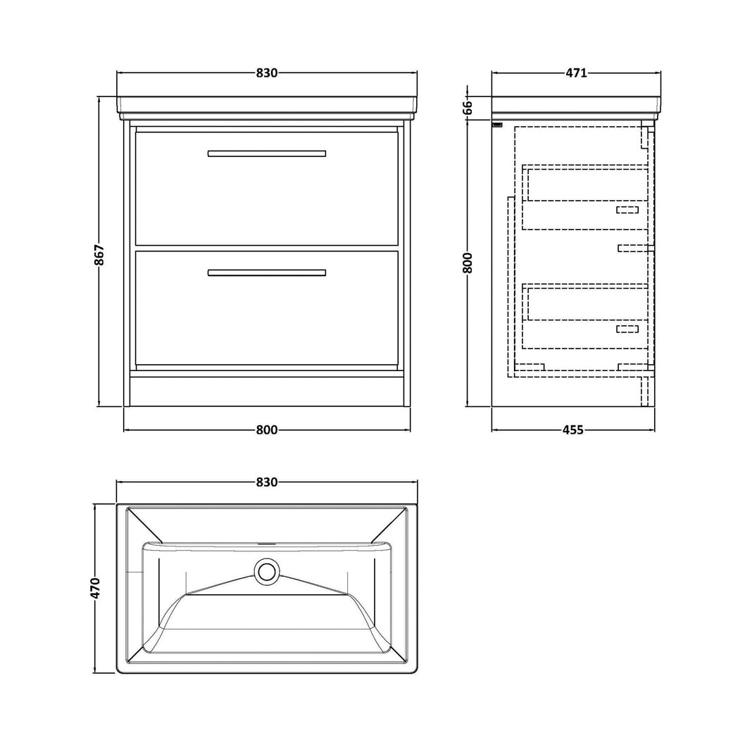 Hudson Reed Lille 800mm Floor Standing 2-drawer Vanity With Basin - 0 Tap Hole Contemp Graphite Grey Woodgrain Fireclay,MFC Textured Woodgrain 867x830x471mm - JJ Building Materials