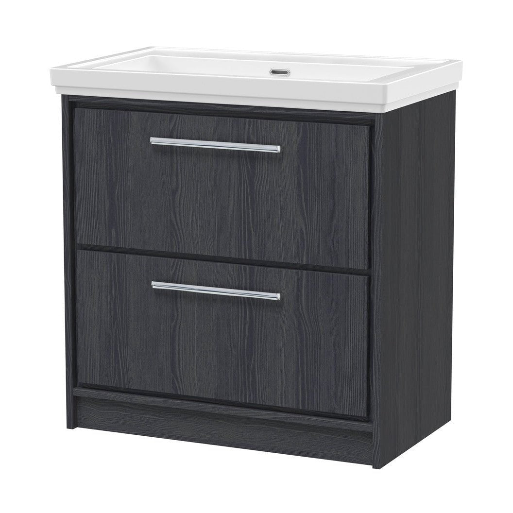 Hudson Reed Lille 800mm Floor Standing 2-drawer Vanity With Basin - 0 Tap Hole Contemp Graphite Grey Woodgrain Fireclay,MFC Textured Woodgrain 867x830x471mm - JJ Building Materials