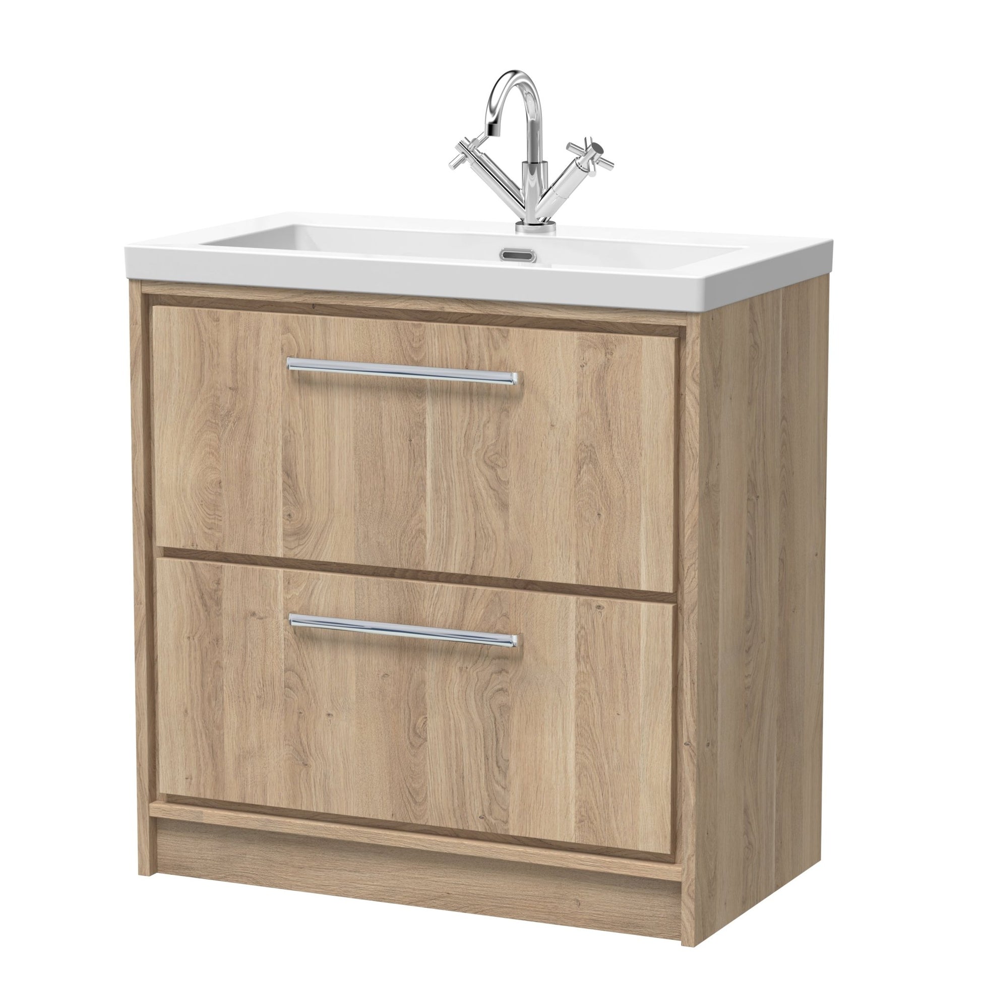 Hudson Reed Lille 800mm Floor Standing 2 - drawer Vanity With Basin - 1 Tap Hole Contemp Bleached Oak Fireclay,MFC Textured Woodgrain 845x813x462mm - JJ Building Materials