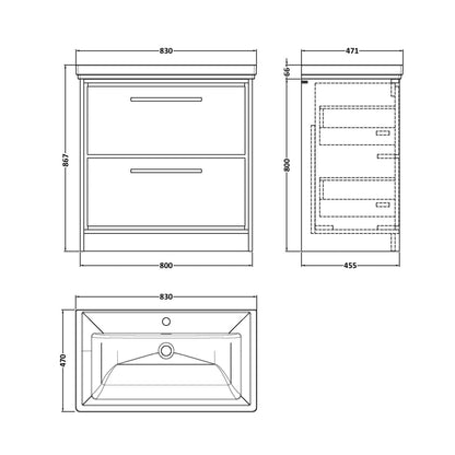 Hudson Reed Lille 800mm Floor Standing 2-drawer Vanity With Basin - 1 Tap Hole Contemp Bleached Oak Fireclay,MFC Textured Woodgrain 867x830x471mm - JJ Building Materials