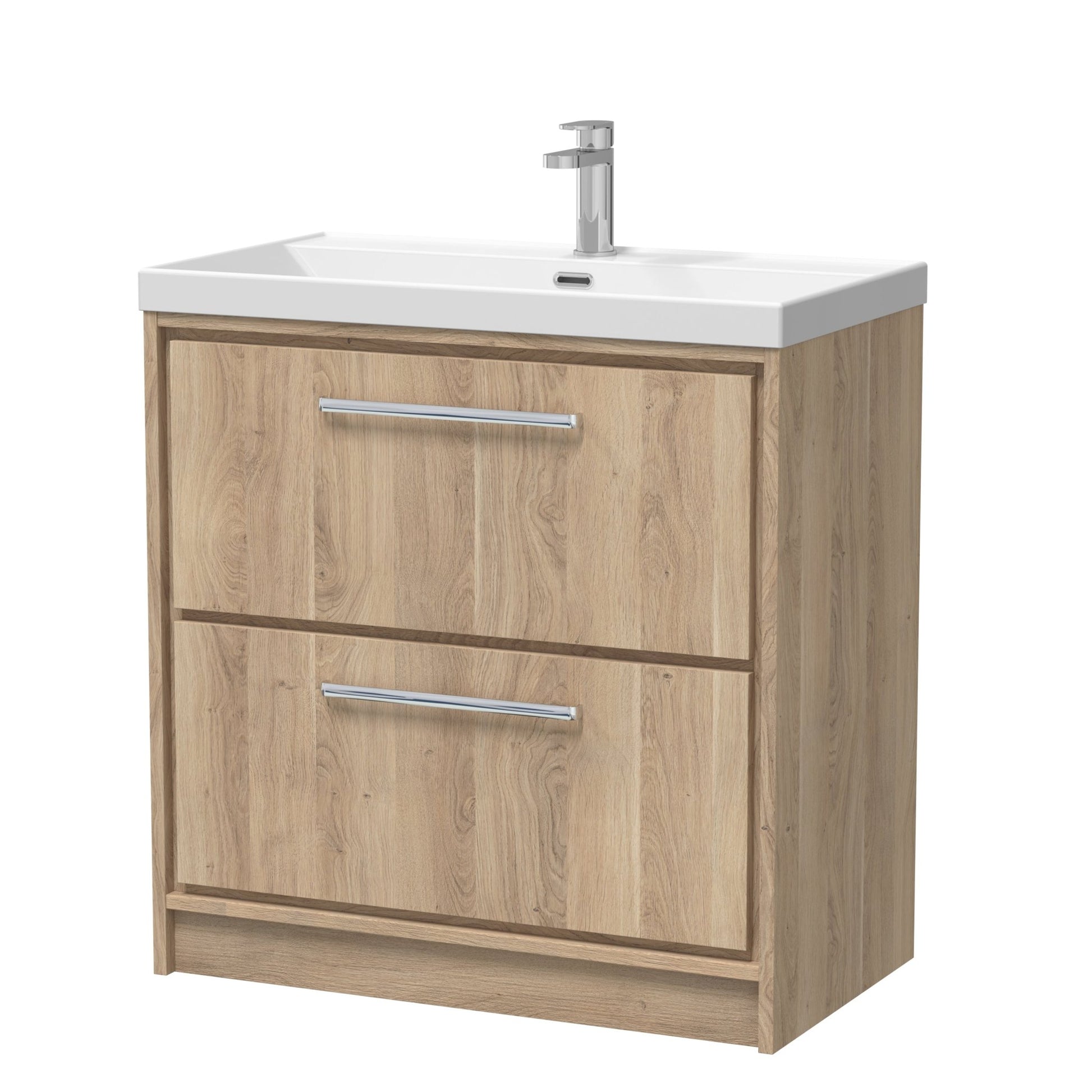 Hudson Reed Lille 800mm Floor Standing 2 - drawer Vanity With Basin - 1 Tap Hole Contemp Bleached Oak MFC Textured Woodgrain,vitreous China 850x810x460mm - JJ Building Materials