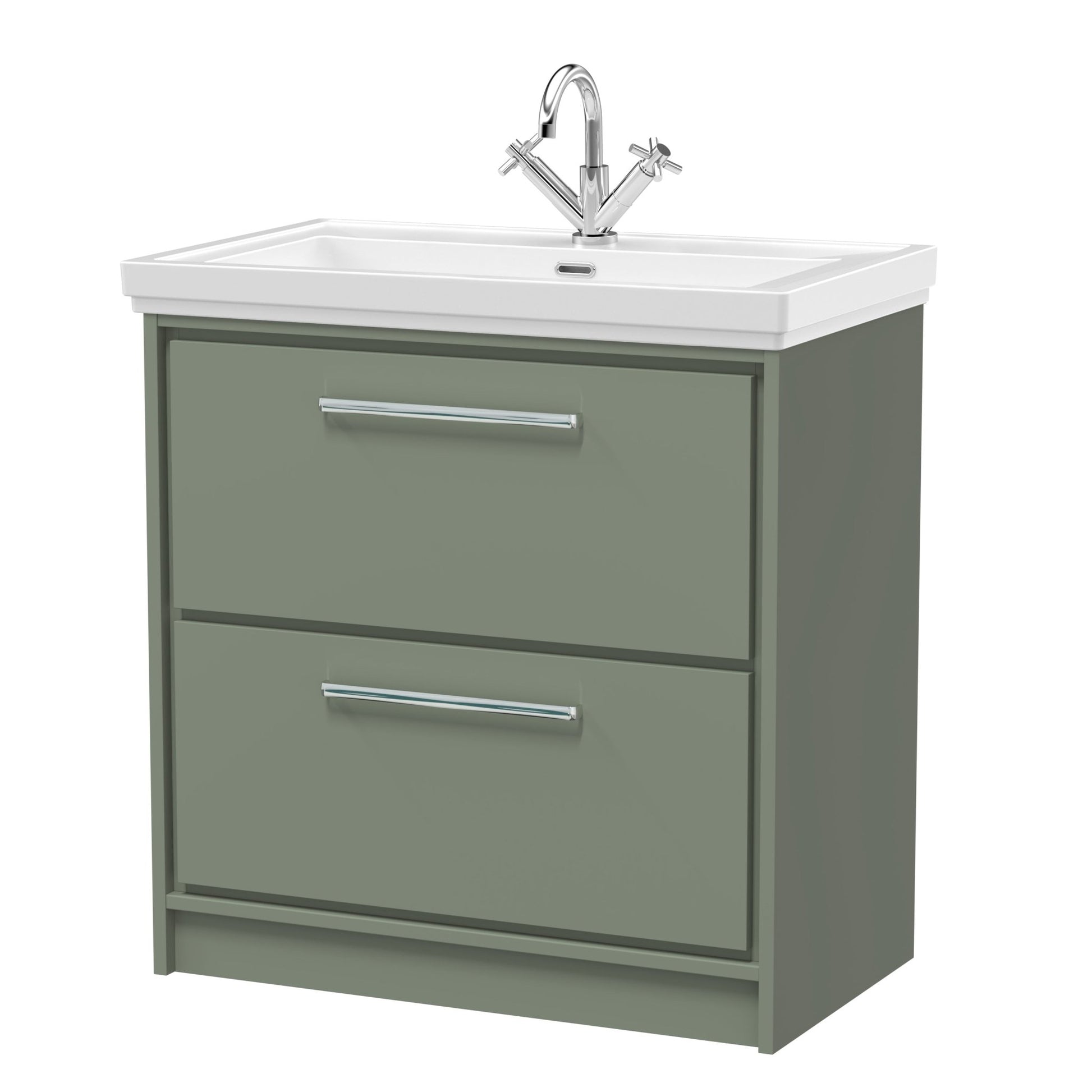 Hudson Reed Lille 800mm Floor Standing 2 - drawer Vanity With Basin - 1 Tap Hole Contemp Fern Green Fireclay,MFC Smooth Matt 867x830x471mm - JJ Building Materials