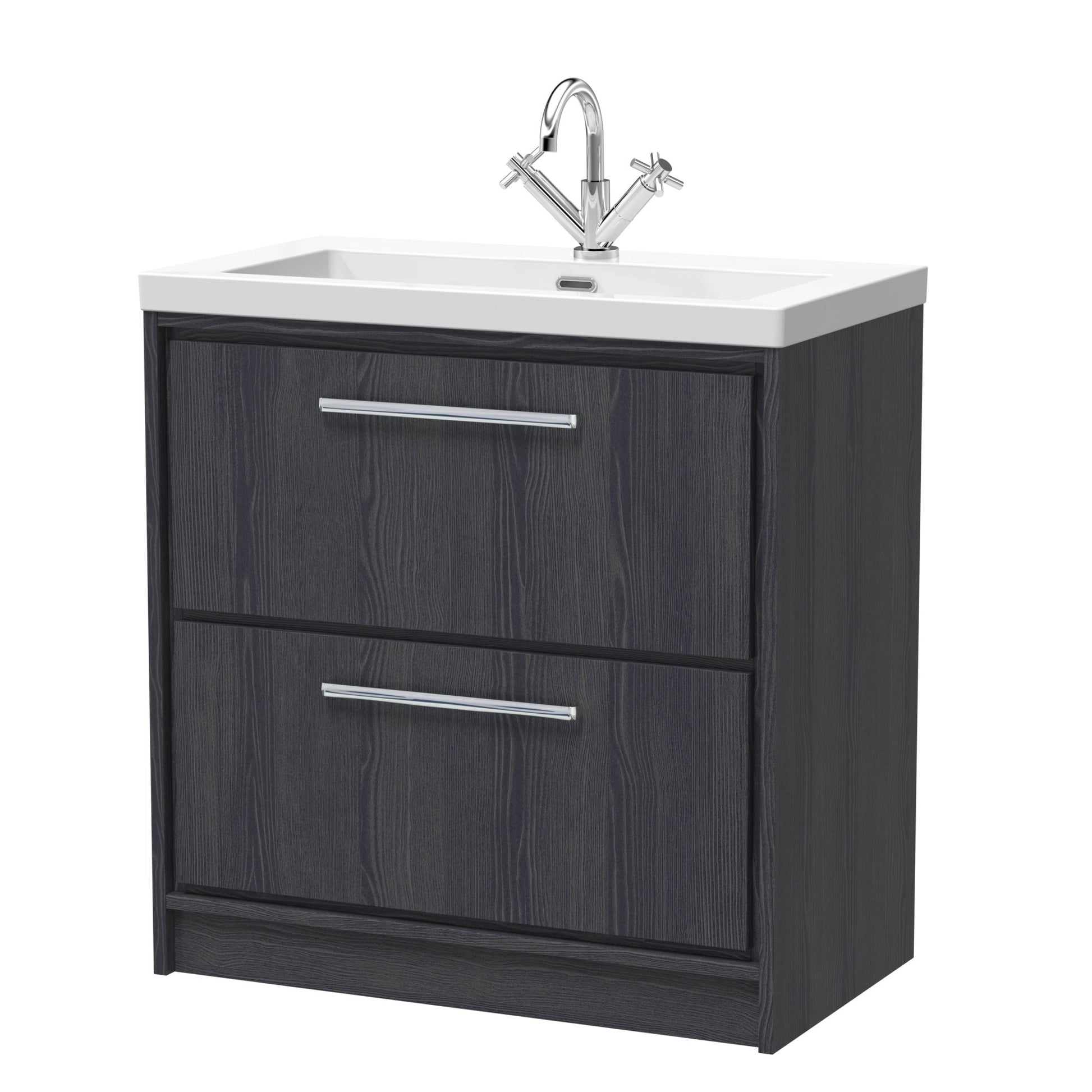 Hudson Reed Lille 800mm Floor Standing 2 - drawer Vanity With Basin - 1 Tap Hole Contemp Graphite Grey Woodgrain Fireclay,MFC Textured Woodgrain 845x813x462mm - JJ Building Materials