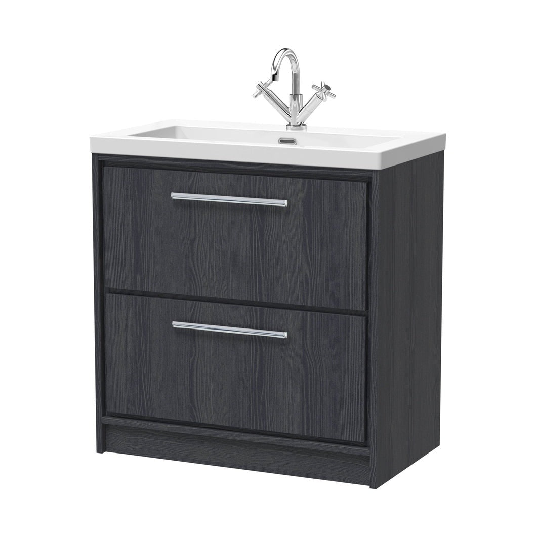 Hudson Reed Lille 800mm Floor Standing 2-drawer Vanity With Basin - 1 Tap Hole Contemp Graphite Grey Woodgrain Fireclay,MFC Textured Woodgrain 845x813x462mm - JJ Building Materials