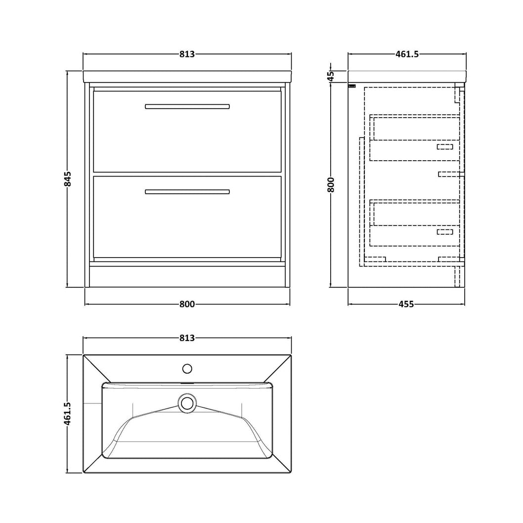 Hudson Reed Lille 800mm Floor Standing 2-drawer Vanity With Basin - 1 Tap Hole Contemp Graphite Grey Woodgrain Fireclay,MFC Textured Woodgrain 845x813x462mm - JJ Building Materials