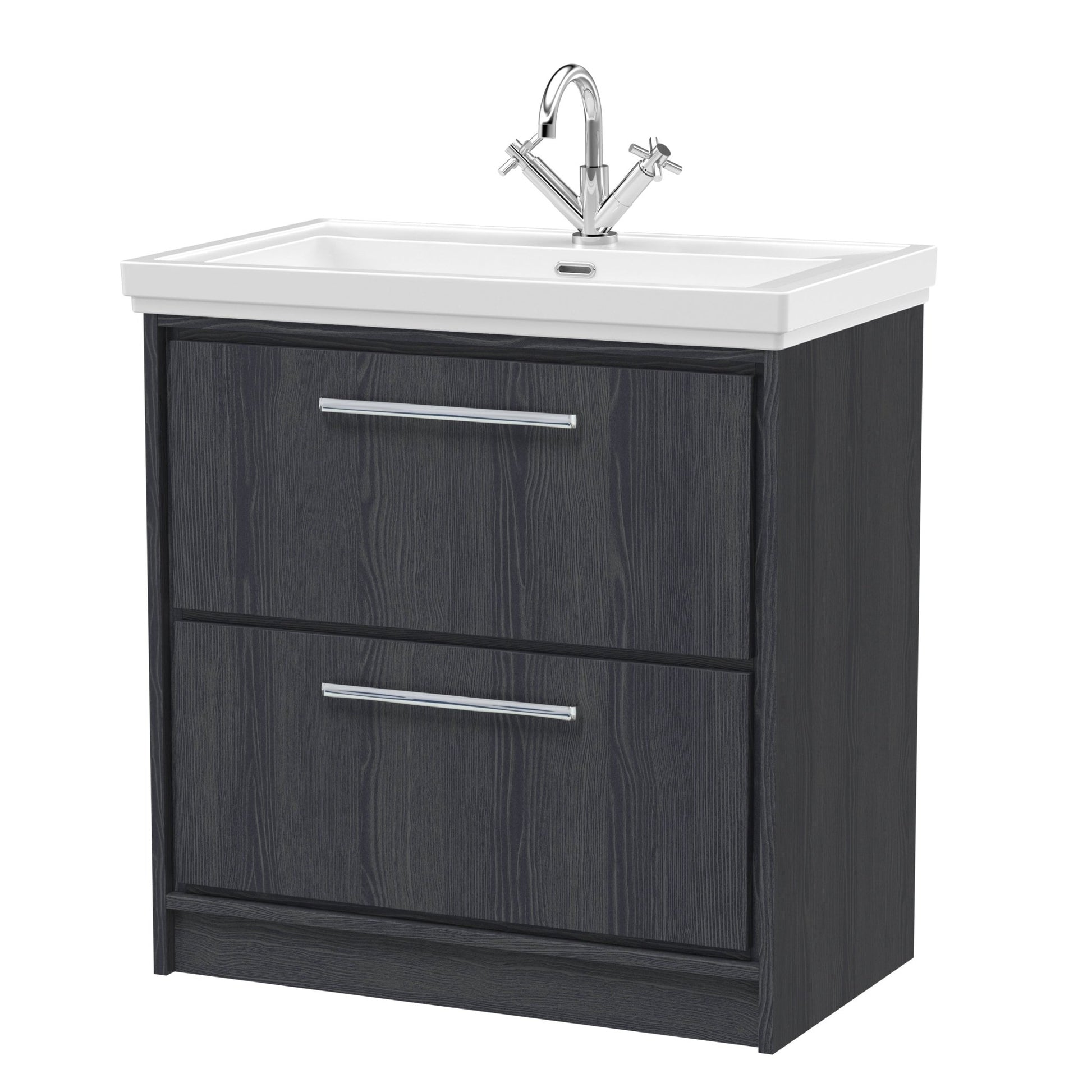 Hudson Reed Lille 800mm Floor Standing 2 - drawer Vanity With Basin - 1 Tap Hole Contemp Graphite Grey Woodgrain Fireclay,MFC Textured Woodgrain 867x830x471mm - JJ Building Materials
