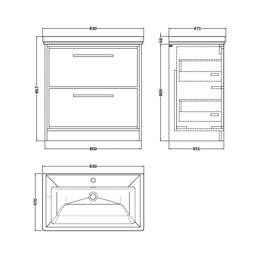 Hudson Reed Lille 800mm Floor Standing 2-drawer Vanity With Basin - 1 Tap Hole Contemp Graphite Grey Woodgrain Fireclay,MFC Textured Woodgrain 867x830x471mm - JJ Building Materials