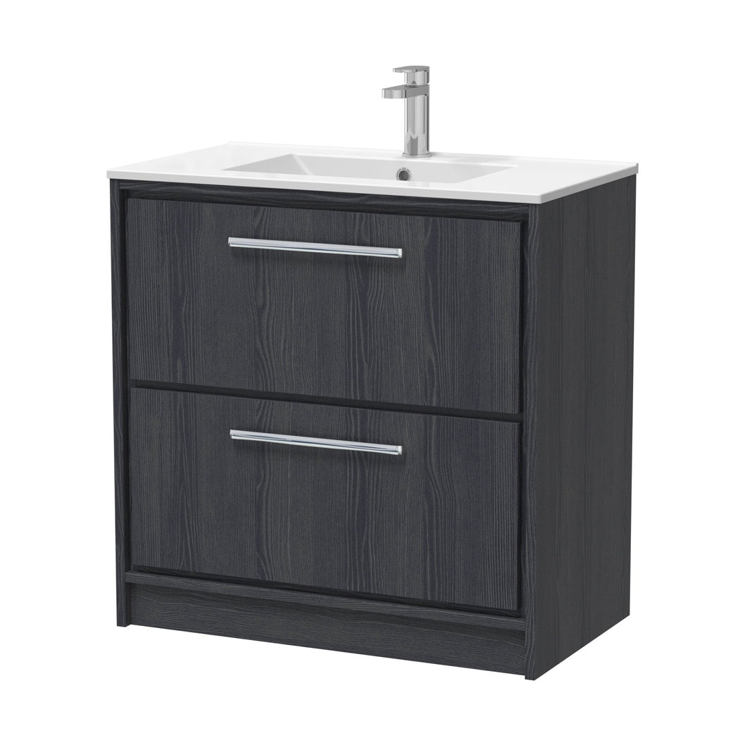 Hudson Reed Lille 800mm Floor Standing 2-drawer Vanity With Basin - 1 Tap Hole Contemp Graphite Grey Woodgrain MFC Textured Woodgrain,vitreous China 818x805x460mm - JJ Building Materials