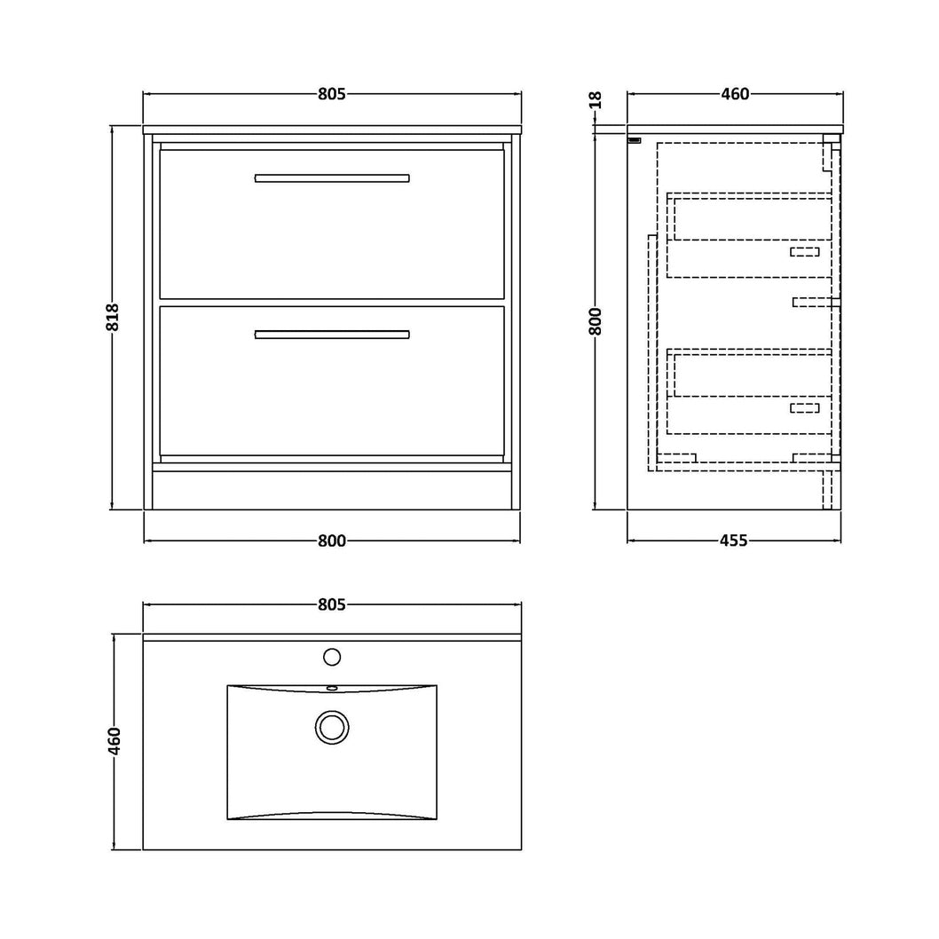 Hudson Reed Lille 800mm Floor Standing 2-drawer Vanity With Basin - 1 Tap Hole Contemp Graphite Grey Woodgrain MFC Textured Woodgrain,vitreous China 818x805x460mm - JJ Building Materials