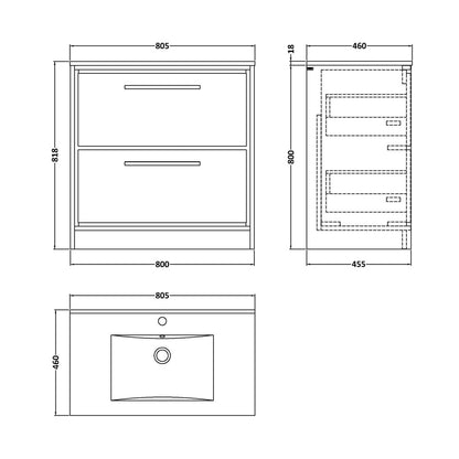 Hudson Reed Lille 800mm Floor Standing 2-drawer Vanity With Basin - 1 Tap Hole Contemp Graphite Grey Woodgrain MFC Textured Woodgrain,vitreous China 818x805x460mm - JJ Building Materials