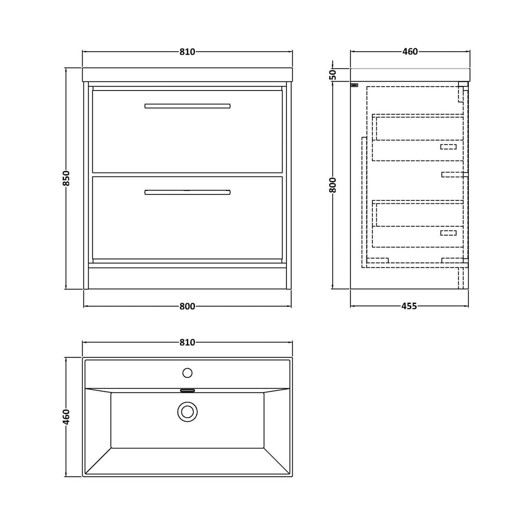 Hudson Reed Lille 800mm Floor Standing 2-drawer Vanity With Basin - 1 Tap Hole Contemp Graphite Grey Woodgrain MFC Textured Woodgrain,vitreous China 850x810x460mm - JJ Building Materials