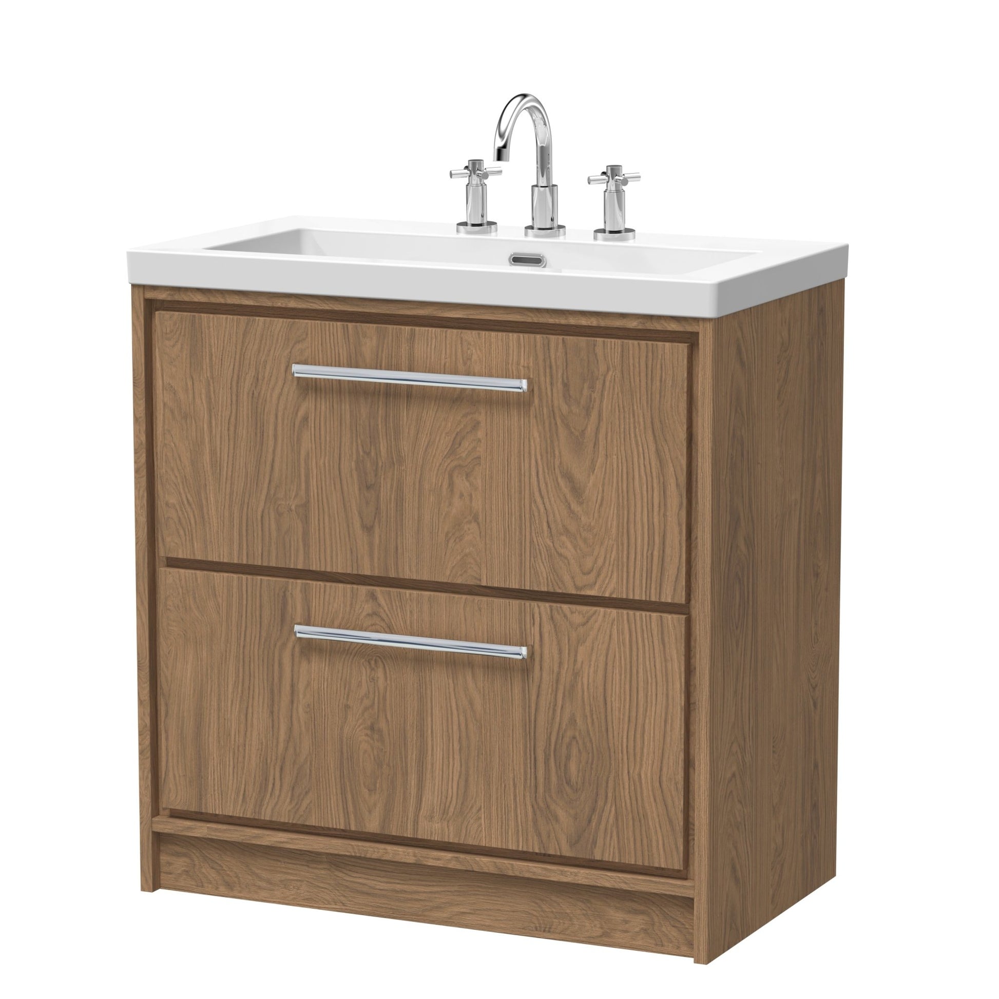 Hudson Reed Lille 800mm Floor Standing 2 - drawer Vanity With Basin - 3 Tap Hole Contemp Antique Oak Fireclay,MFC Textured Woodgrain 845x813x462mm - JJ Building Materials