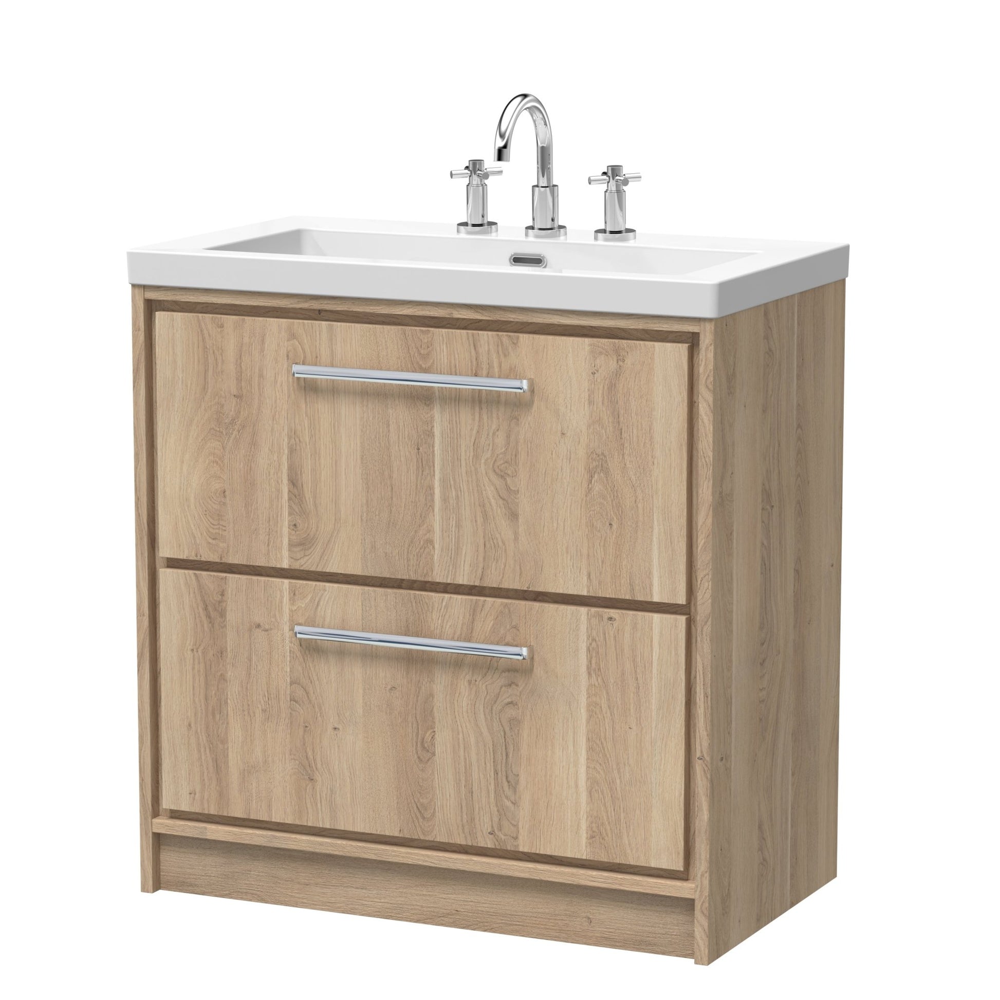 Hudson Reed Lille 800mm Floor Standing 2 - drawer Vanity With Basin - 3 Tap Hole Contemp Bleached Oak Fireclay,MFC Textured Woodgrain 845x813x462mm - JJ Building Materials