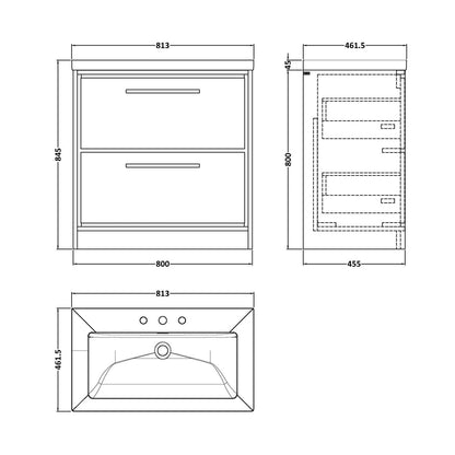 Hudson Reed Lille 800mm Floor Standing 2-drawer Vanity With Basin - 3 Tap Hole Contemp Bleached Oak Fireclay,MFC Textured Woodgrain 845x813x462mm - JJ Building Materials