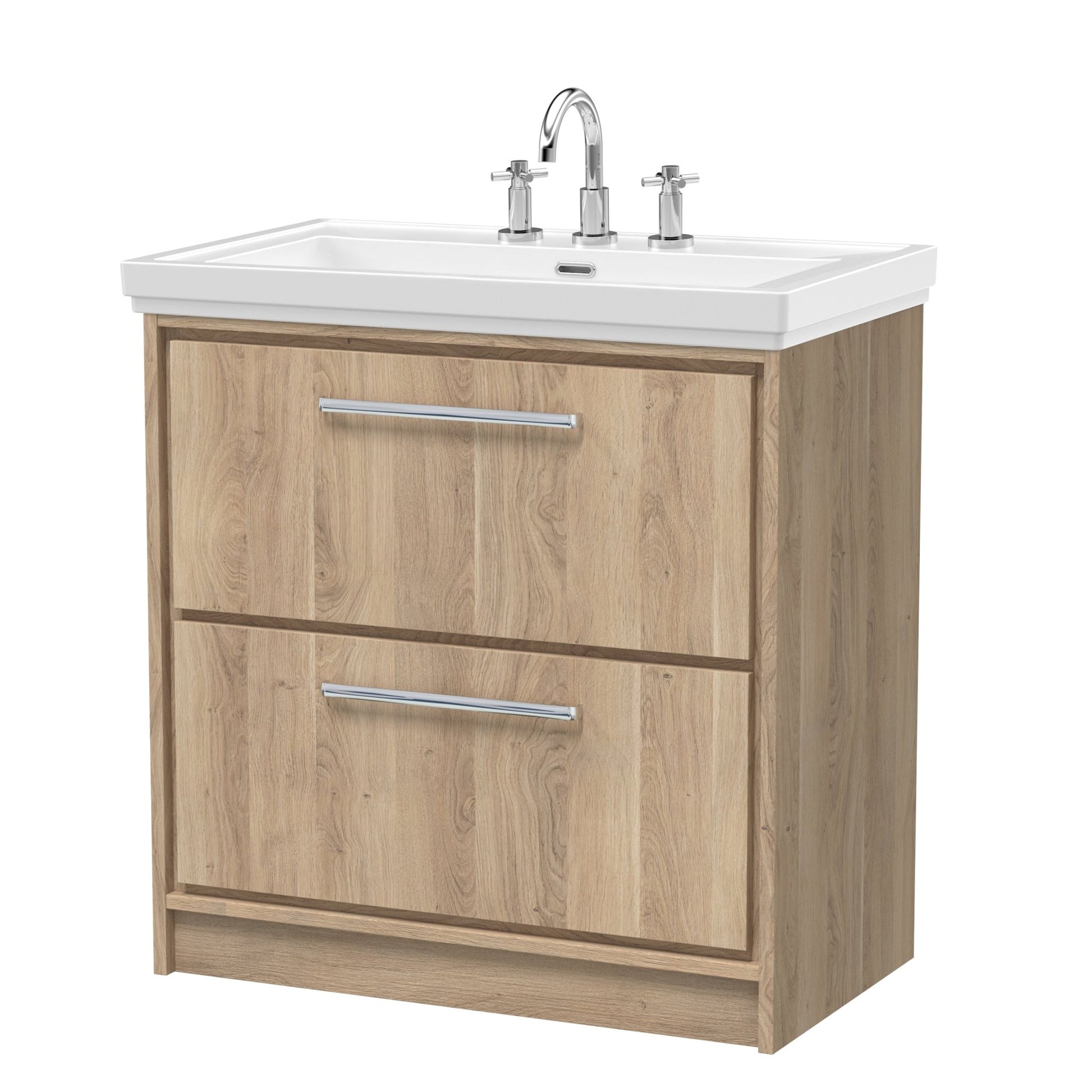 Hudson Reed Lille 800mm Floor Standing 2 - drawer Vanity With Basin - 3 Tap Hole Contemp Bleached Oak Fireclay,MFC Textured Woodgrain 867x830x471mm - JJ Building Materials