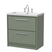 Hudson Reed Lille 800mm Floor Standing 2 - drawer Vanity With Basin - 3 Tap Hole Contemp Fern Green Fireclay,MFC Smooth Matt 845x813x462mm - JJ Building Materials