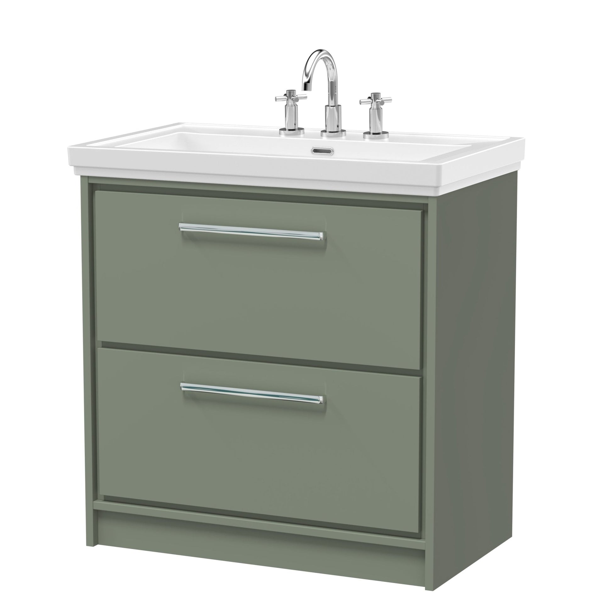 Hudson Reed Lille 800mm Floor Standing 2 - drawer Vanity With Basin - 3 Tap Hole Contemp Fern Green Fireclay,MFC Smooth Matt 867x830x471mm - JJ Building Materials