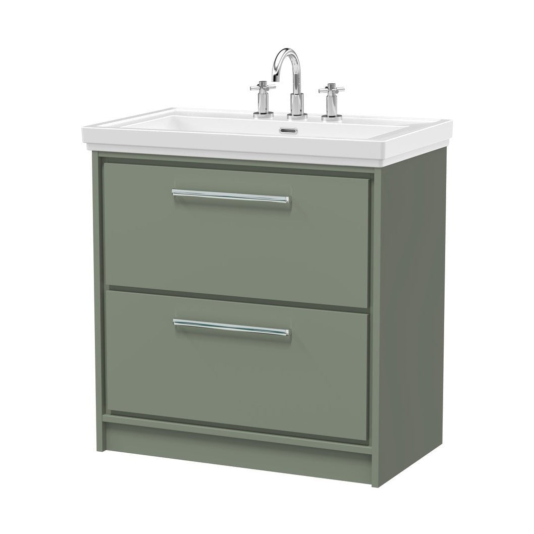 Hudson Reed Lille 800mm Floor Standing 2-drawer Vanity With Basin - 3 Tap Hole Contemp Fern Green Fireclay,MFC Smooth Matt 867x830x471mm - JJ Building Materials