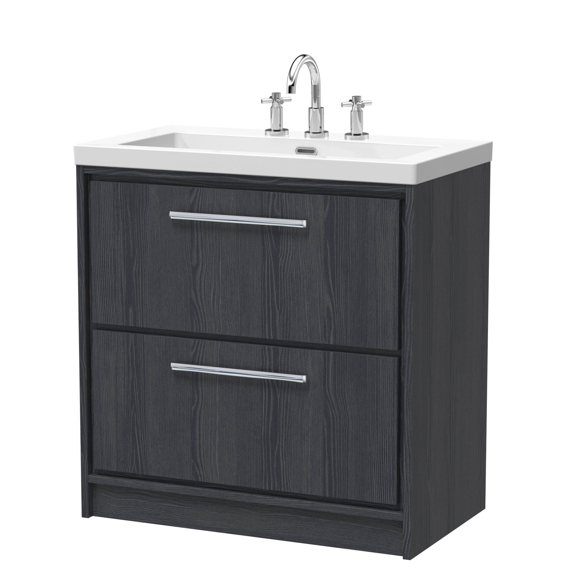 Hudson Reed Lille 800mm Floor Standing 2 - drawer Vanity With Basin - 3 Tap Hole Contemp Graphite Grey Woodgrain Fireclay,MFC Textured Woodgrain 845x813x462mm - JJ Building Materials