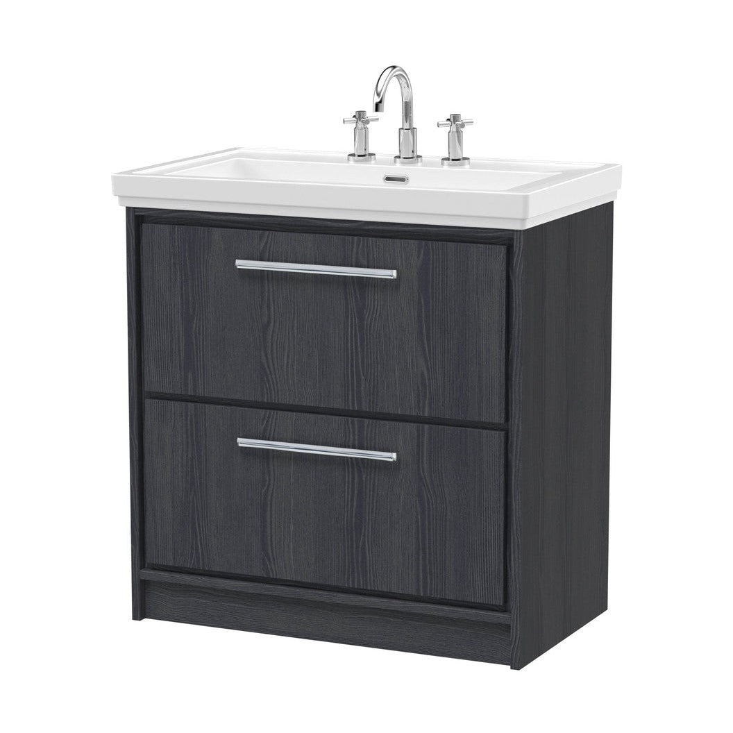 Hudson Reed Lille 800mm Floor Standing 2-drawer Vanity With Basin - 3 Tap Hole Contemp Graphite Grey Woodgrain Fireclay,MFC Textured Woodgrain 867x830x471mm - JJ Building Materials