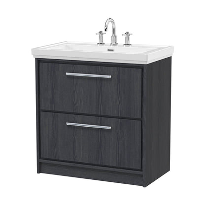 Hudson Reed Lille 800mm Floor Standing 2-drawer Vanity With Basin - 3 Tap Hole Contemp Graphite Grey Woodgrain Fireclay,MFC Textured Woodgrain 867x830x471mm - JJ Building Materials