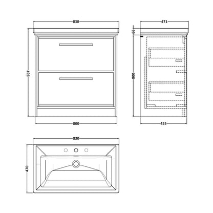 Hudson Reed Lille 800mm Floor Standing 2-drawer Vanity With Basin - 3 Tap Hole Contemp Graphite Grey Woodgrain Fireclay,MFC Textured Woodgrain 867x830x471mm - JJ Building Materials