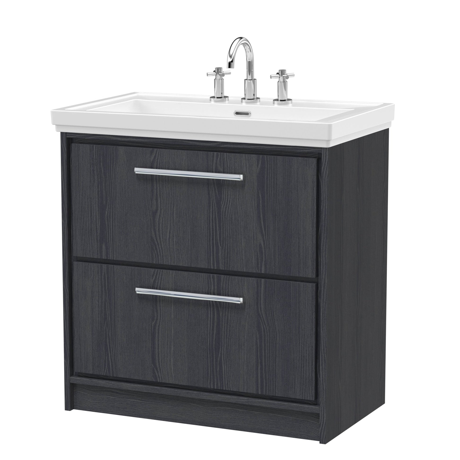 Hudson Reed Lille 800mm Floor Standing 2 - drawer Vanity With Basin - 3 Tap Hole Contemp Graphite Grey Woodgrain Fireclay,MFC Textured Woodgrain 867x830x471mm - JJ Building Materials