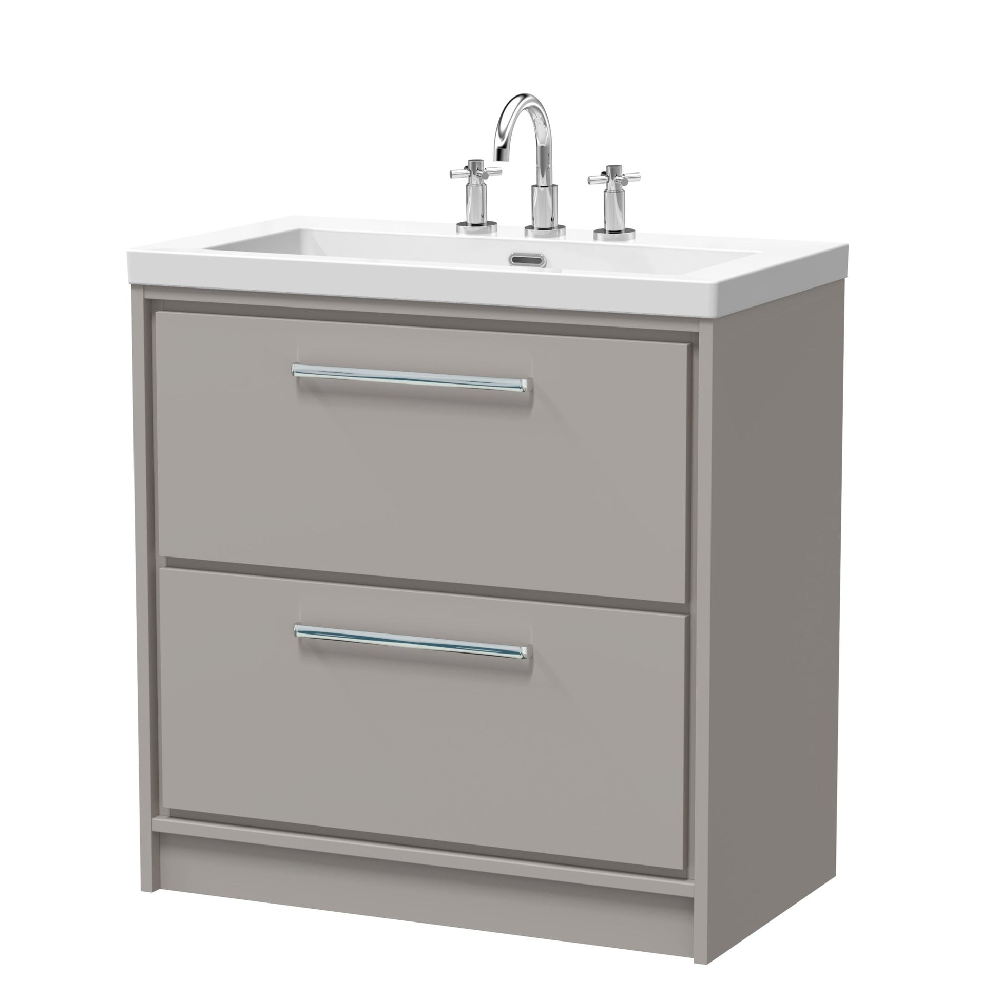 Hudson Reed Lille 800mm Floor Standing 2 - drawer Vanity With Basin - 3 Tap Hole Contemp Pebble Grey Fireclay,MFC Smooth Matt 845x813x462mm - JJ Building Materials