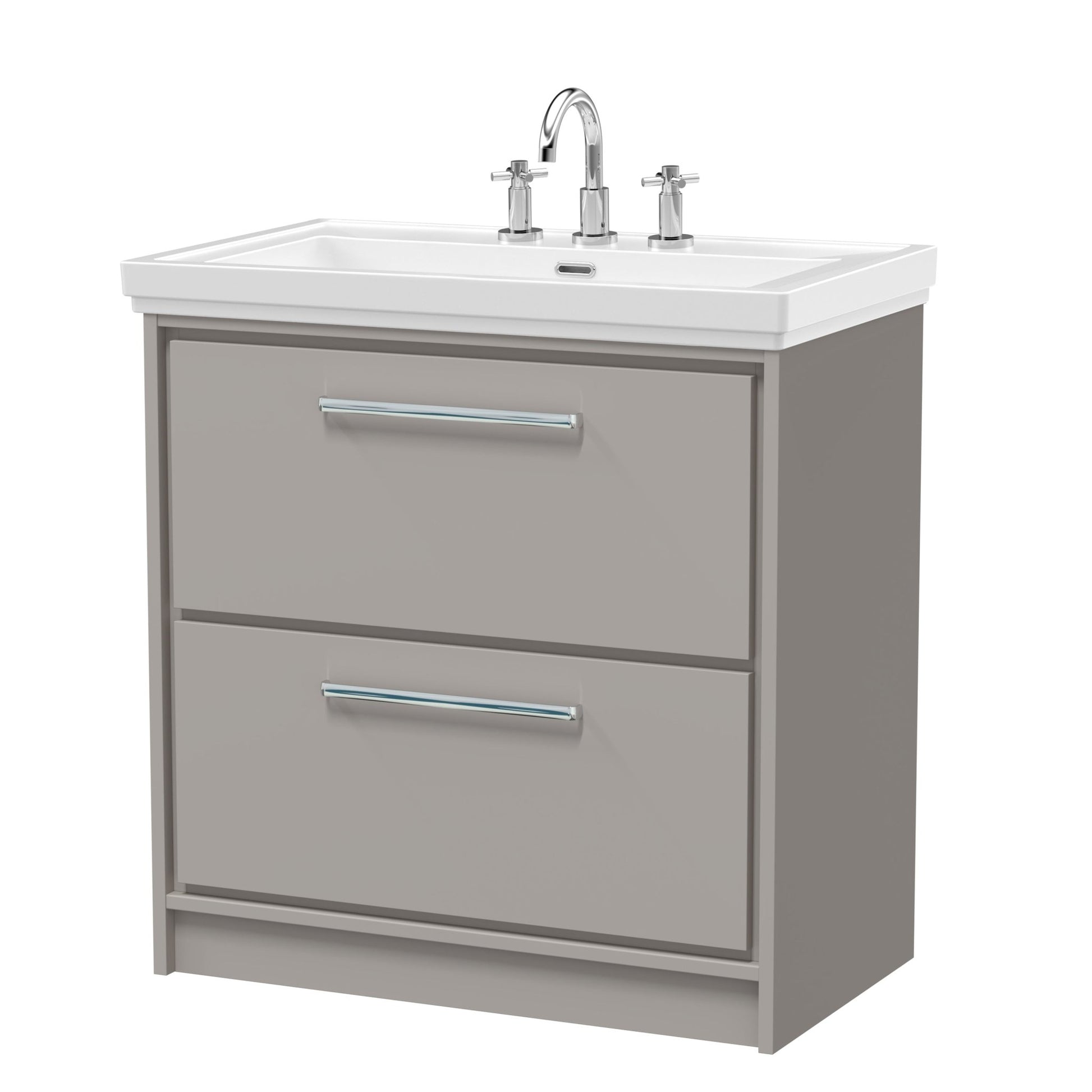 Hudson Reed Lille 800mm Floor Standing 2 - drawer Vanity With Basin - 3 Tap Hole Contemp Pebble Grey Fireclay,MFC Smooth Matt 867x830x471mm - JJ Building Materials