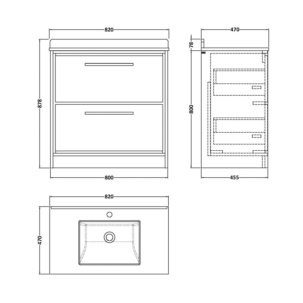 Hudson Reed Lille 800mm Floor Standing 2-drawer Vanity With Marble Worktop Basin Contemp Graphite Grey Woodgrain MFC Textured Woodgrain,vitreous China 878x820x470mm - JJ Building Materials
