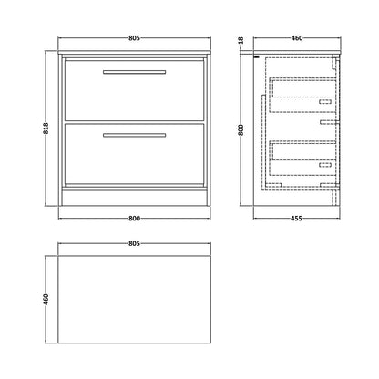 Hudson Reed Lille 800mm Floor Standing 2-drawer Vanity With Worktop Contemp Bleached Oak MFC Textured Woodgrain 818x805x460mm - JJ Building Materials