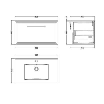 Hudson Reed Lille 800mm Single Drawer Vanity With Basin - 1 Tap Hole Contemp Antique Oak MFC Textured Woodgrain,vitreous China 449x805x460mm - JJ Building Materials