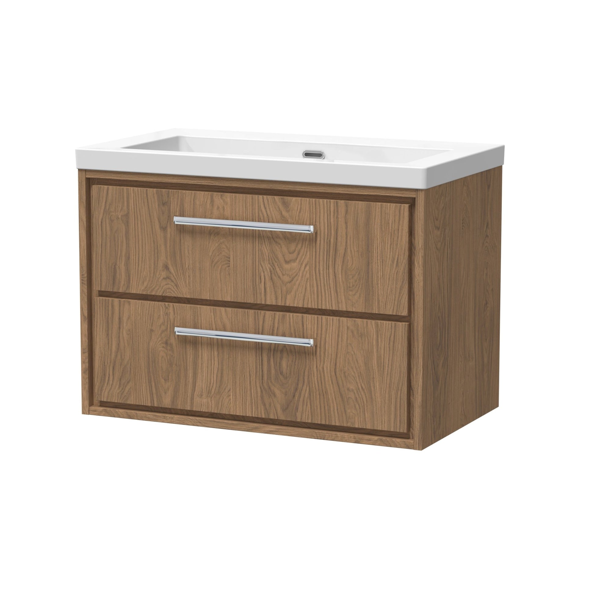 Hudson Reed Lille 800mm Wall Hung 2 - drawer Vanity With Basin - 0 Tap Hole Contemp Antique Oak Fireclay,MFC Textured Woodgrain 584x813x462mm - JJ Building Materials